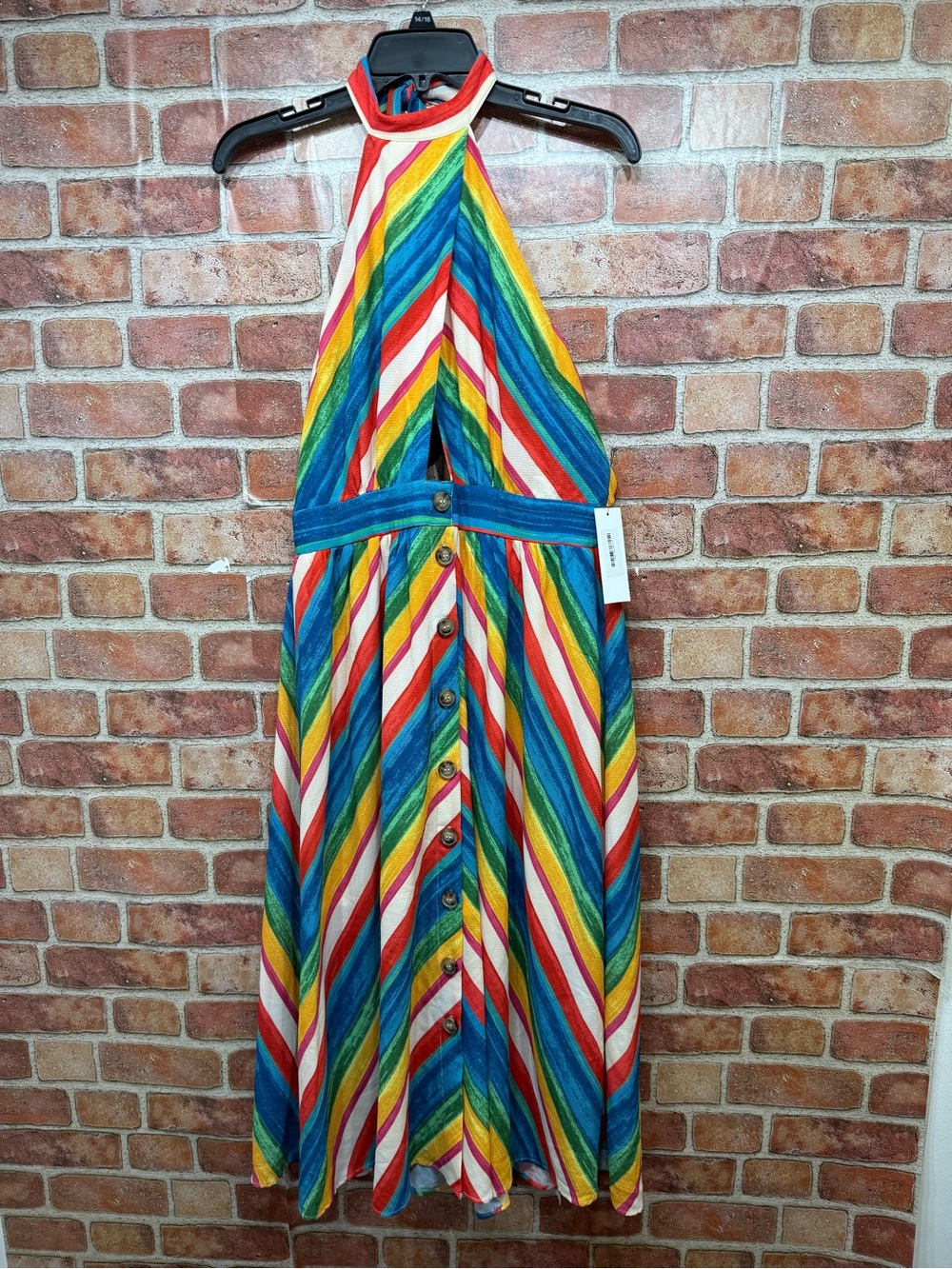 70’s retro inspired boho chic Rainbow Striped Halter Midi Dress